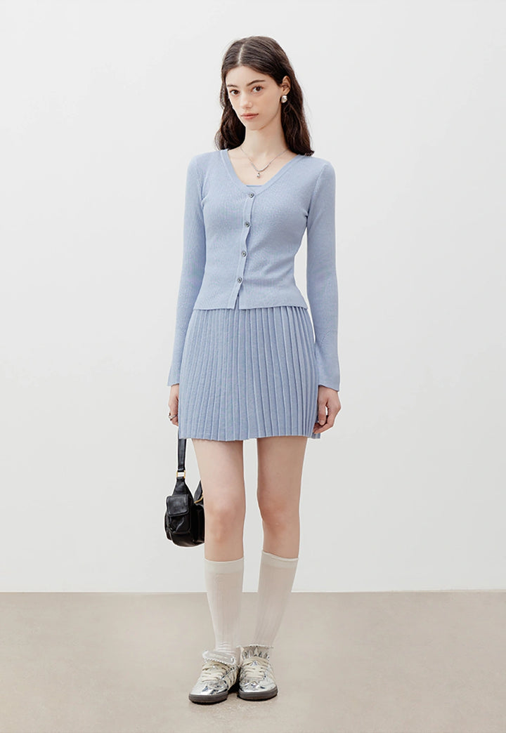 Knit 3-Piece Set: Crop Top, Cardigan, and Pleated Skirt