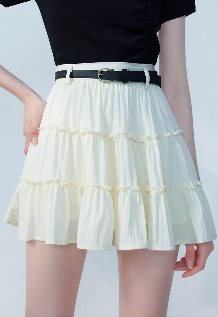 Elegant Bliss: Ruffled Layered Mini Skirt with Slim Belt