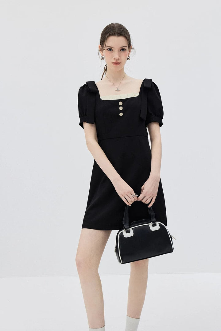 Chic Puff Sleeve Buttoned Square Neck Dress