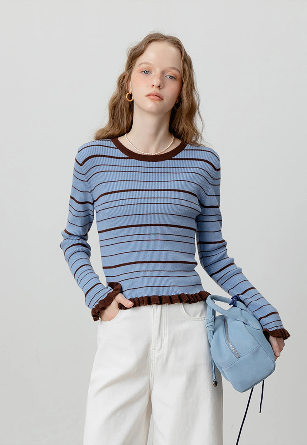 Ribbed Striped Sweater with Frill Details