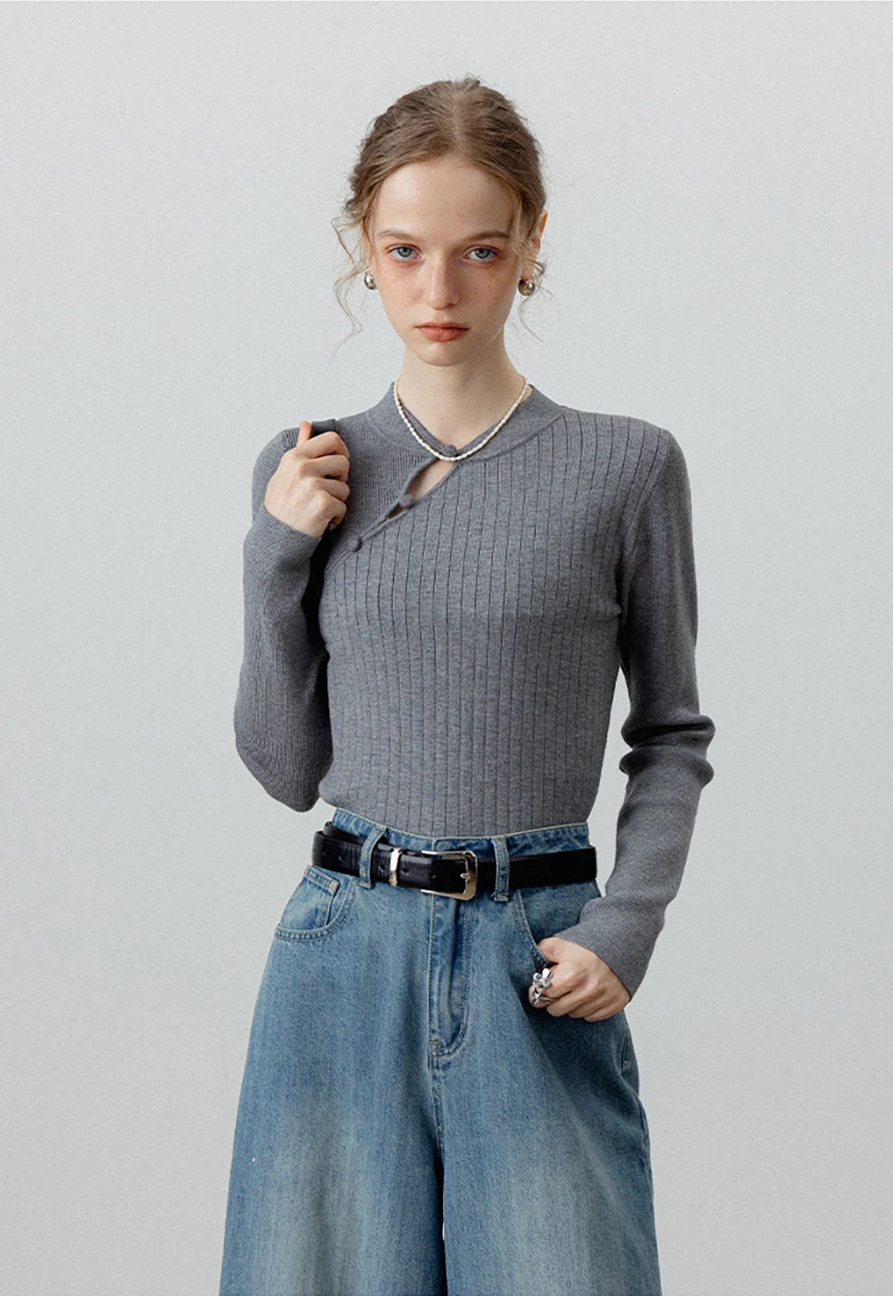 Women's Asymmetric Button Ribbed Knit Top