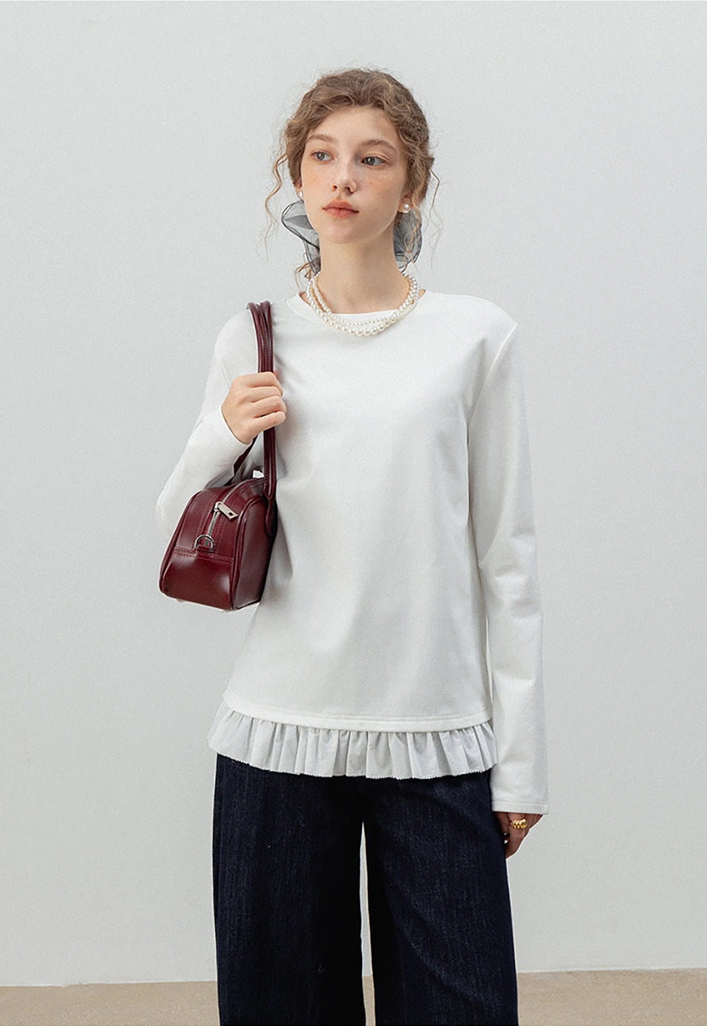 Fleece-Lined T-Shirt with Lace Trim Hem for Women