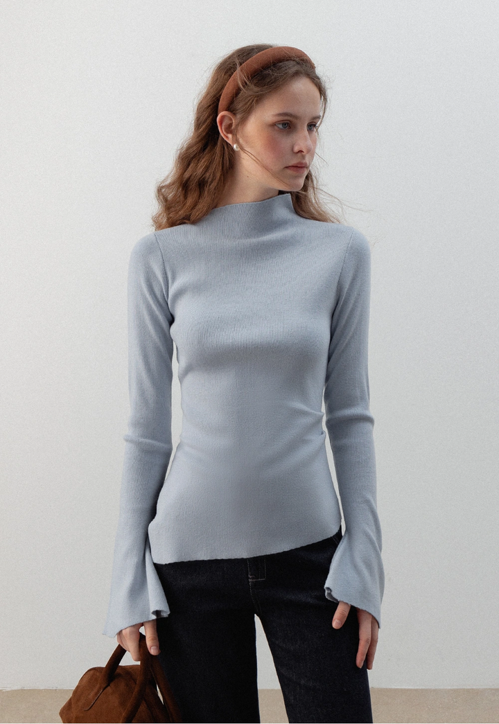 Asymmetrical High-Neck Sweater with Flared Sleeves