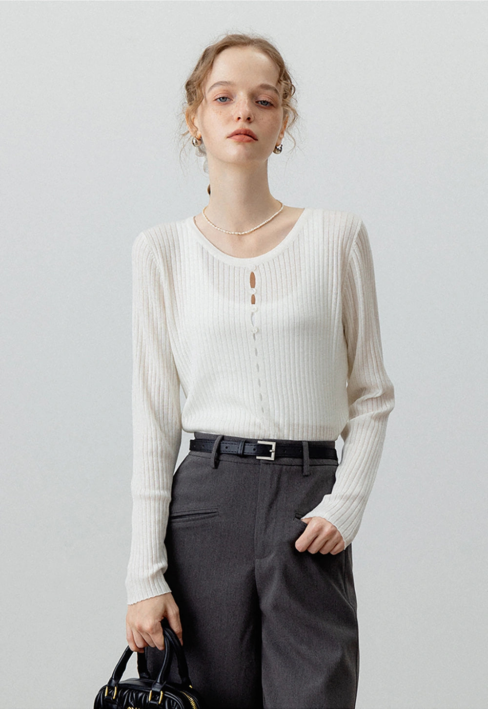 Women's Ribbed Knit Button-Down Long-Sleeve Top