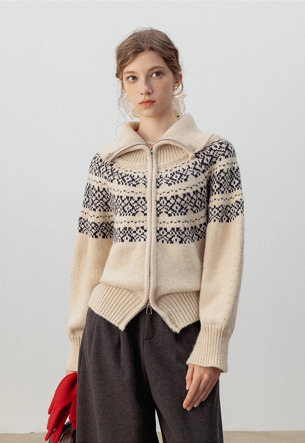 Women's Nordic Pattern Zip-Up Cardigan Sweater