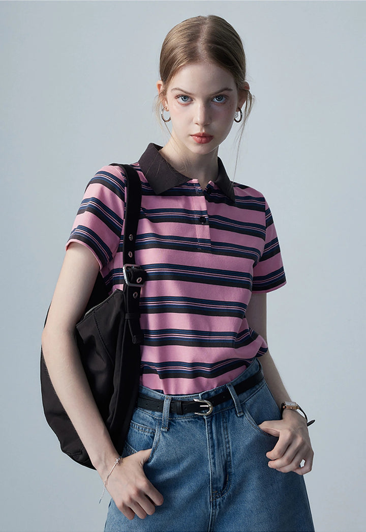 Women's Striped Polo Shirt with Contrast Collar