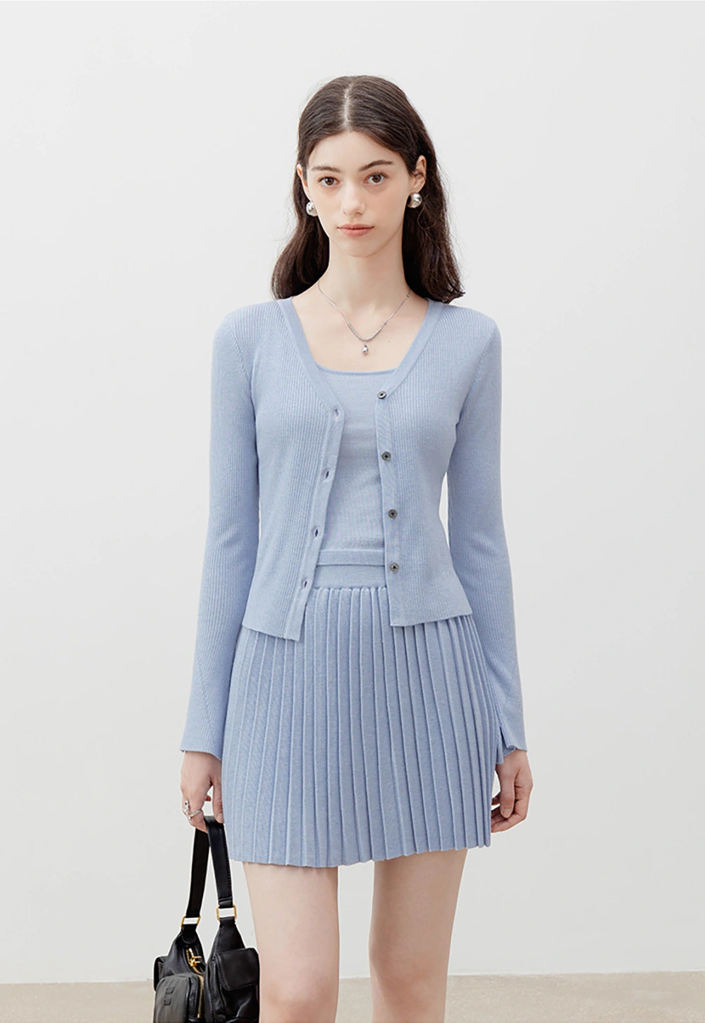 Knit 3-Piece Set: Crop Top, Cardigan, and Pleated Skirt