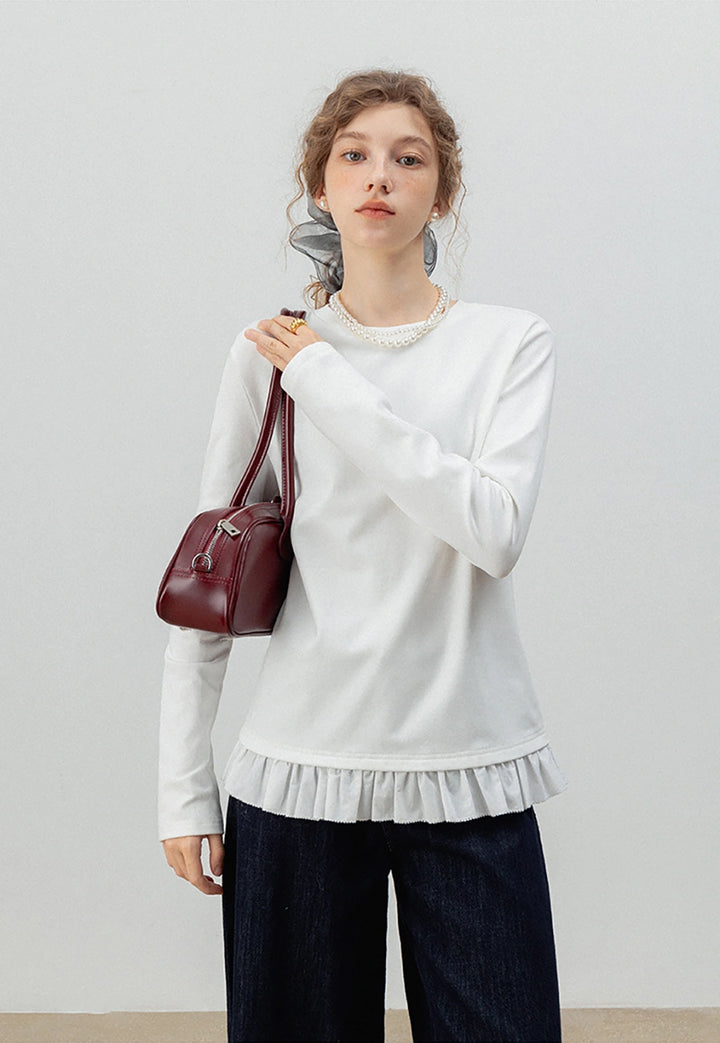 Fleece-Lined T-Shirt with Lace Trim Hem for Women