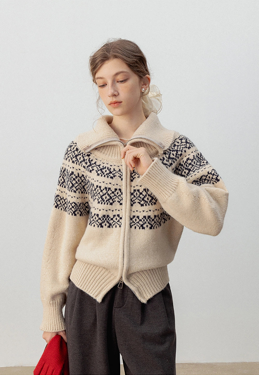 Women's Nordic Pattern Zip-Up Cardigan Sweater