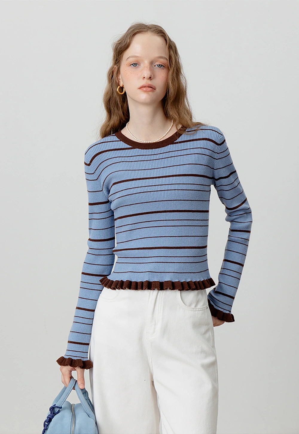 Ribbed Striped Sweater with Frill Details