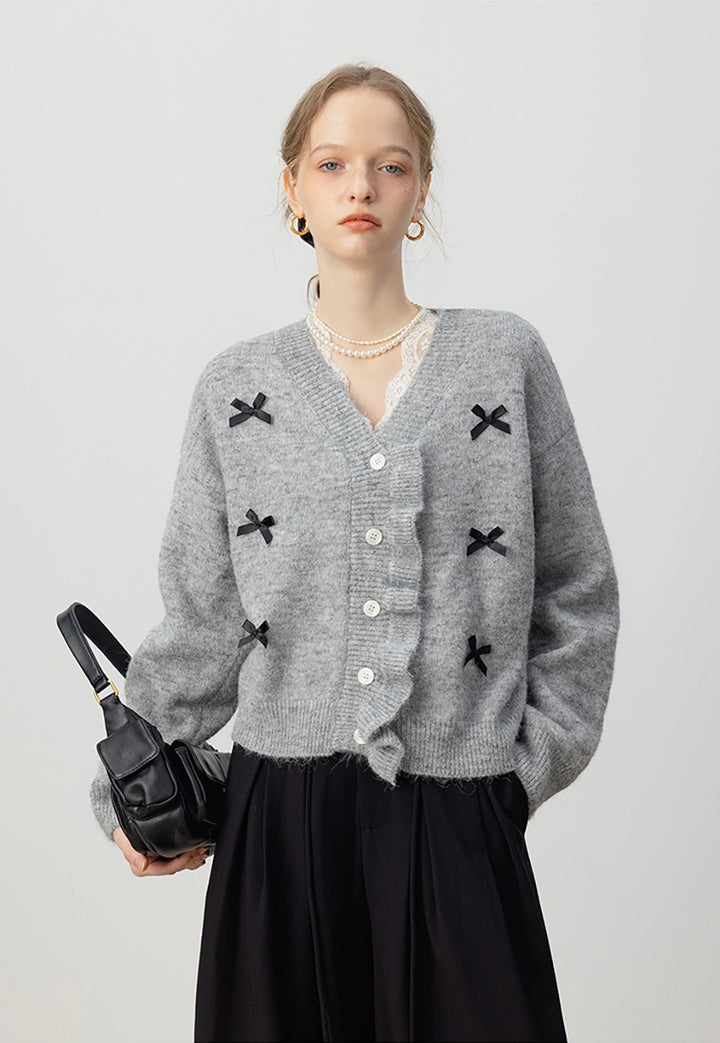 Women's Bow-Embellished Ruffled Knit Cardigan