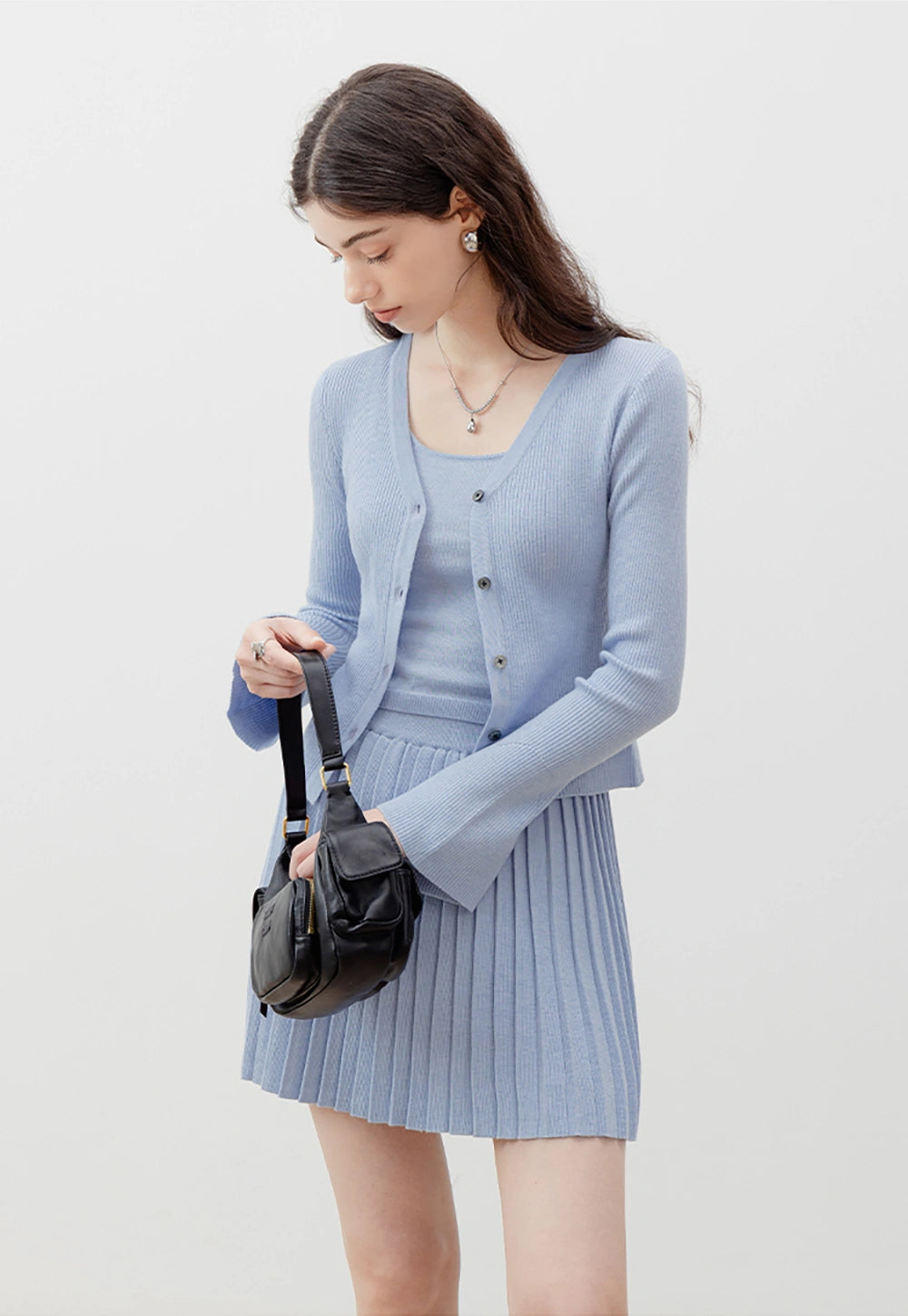 Knit 3-Piece Set: Crop Top, Cardigan, and Pleated Skirt