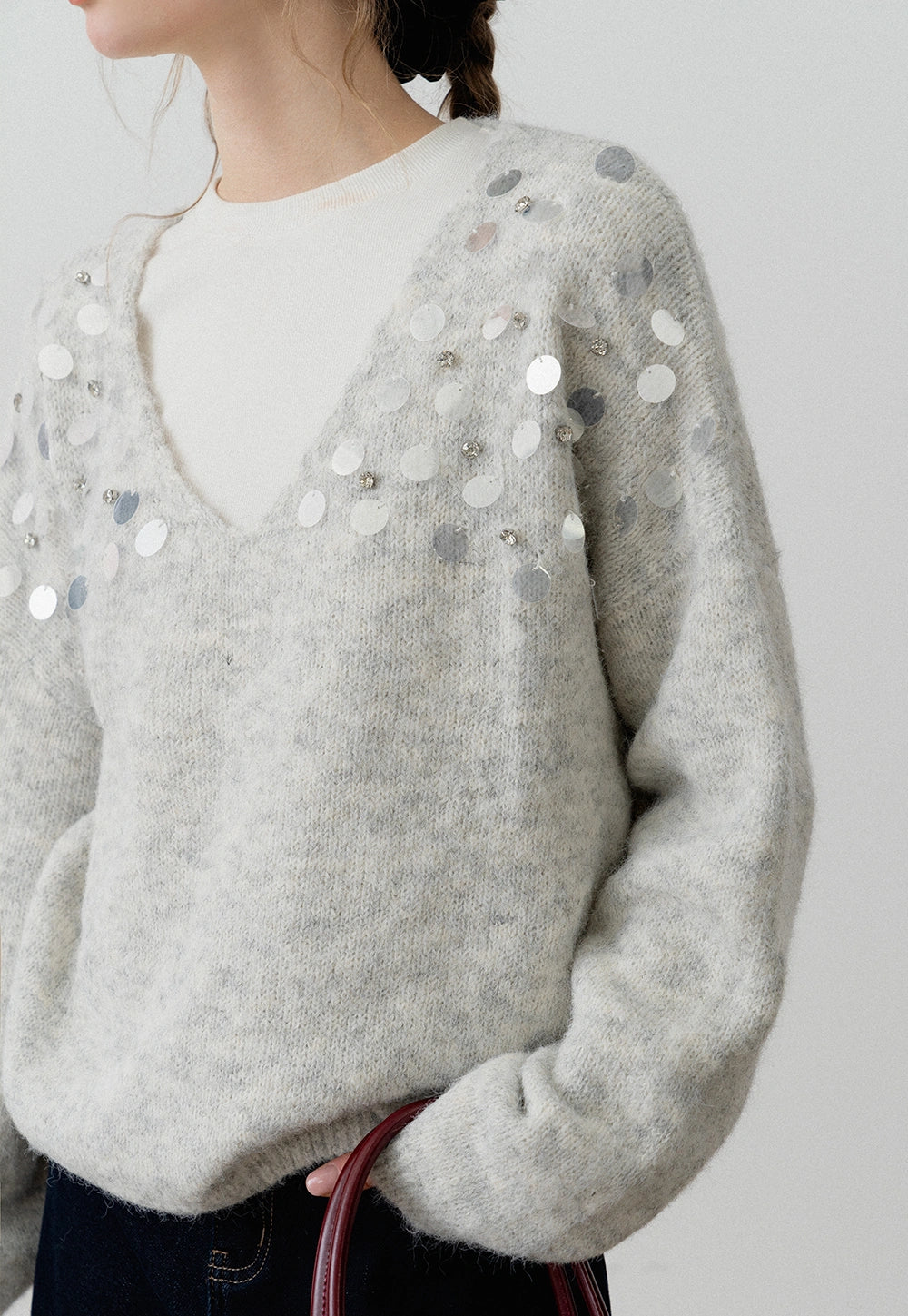 Women's V-Neck Sequin Embellished Knit Sweater