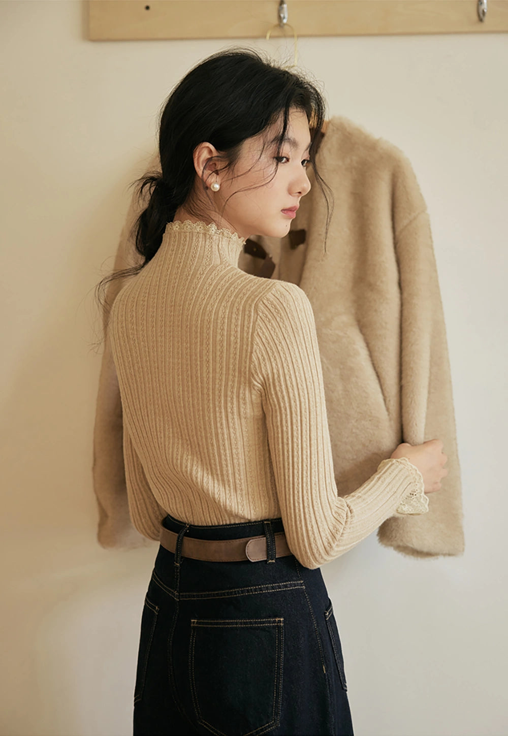 Ribbed Mock-Neck Sweater with Lace Cuff Detail