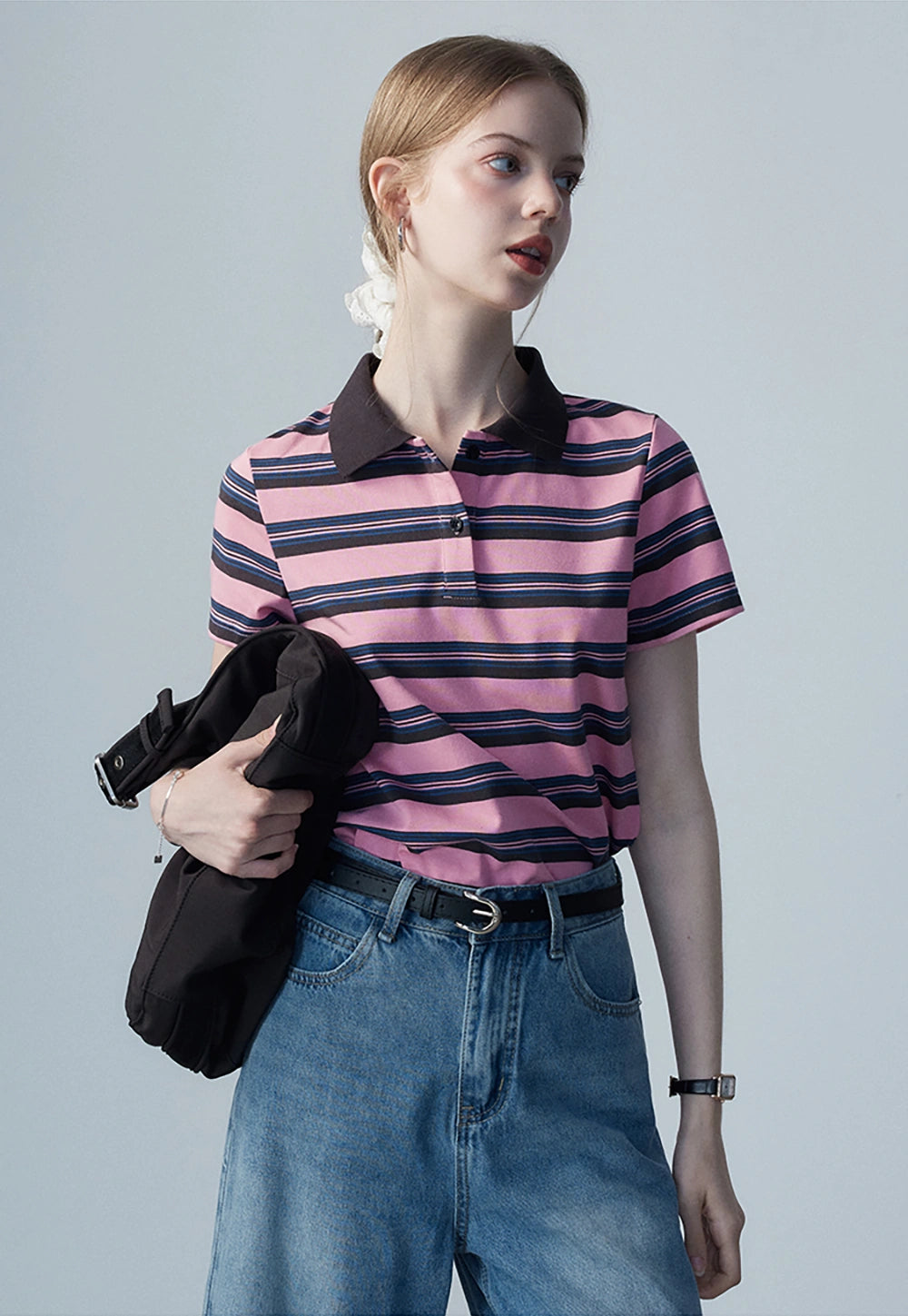 Women's Striped Polo Shirt with Contrast Collar