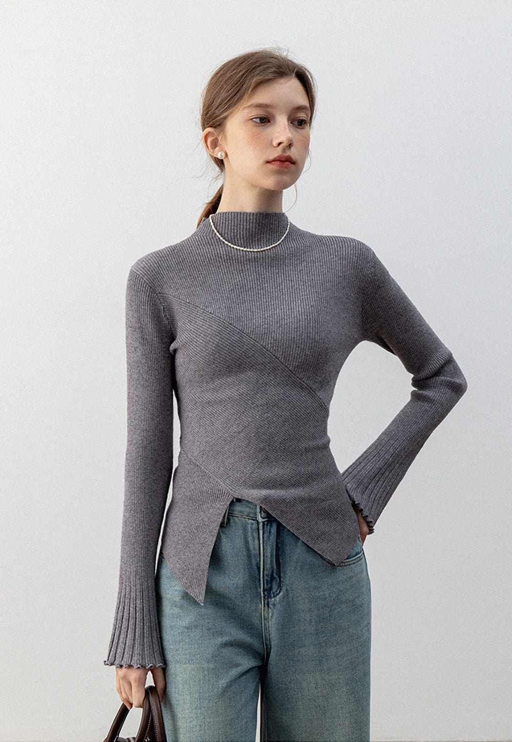 Ribbed High- Neck Sweater with Flared Sleeves