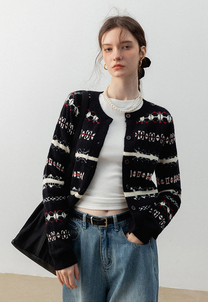 Women's Fair Isle Knit Cardigan with Tie Neck