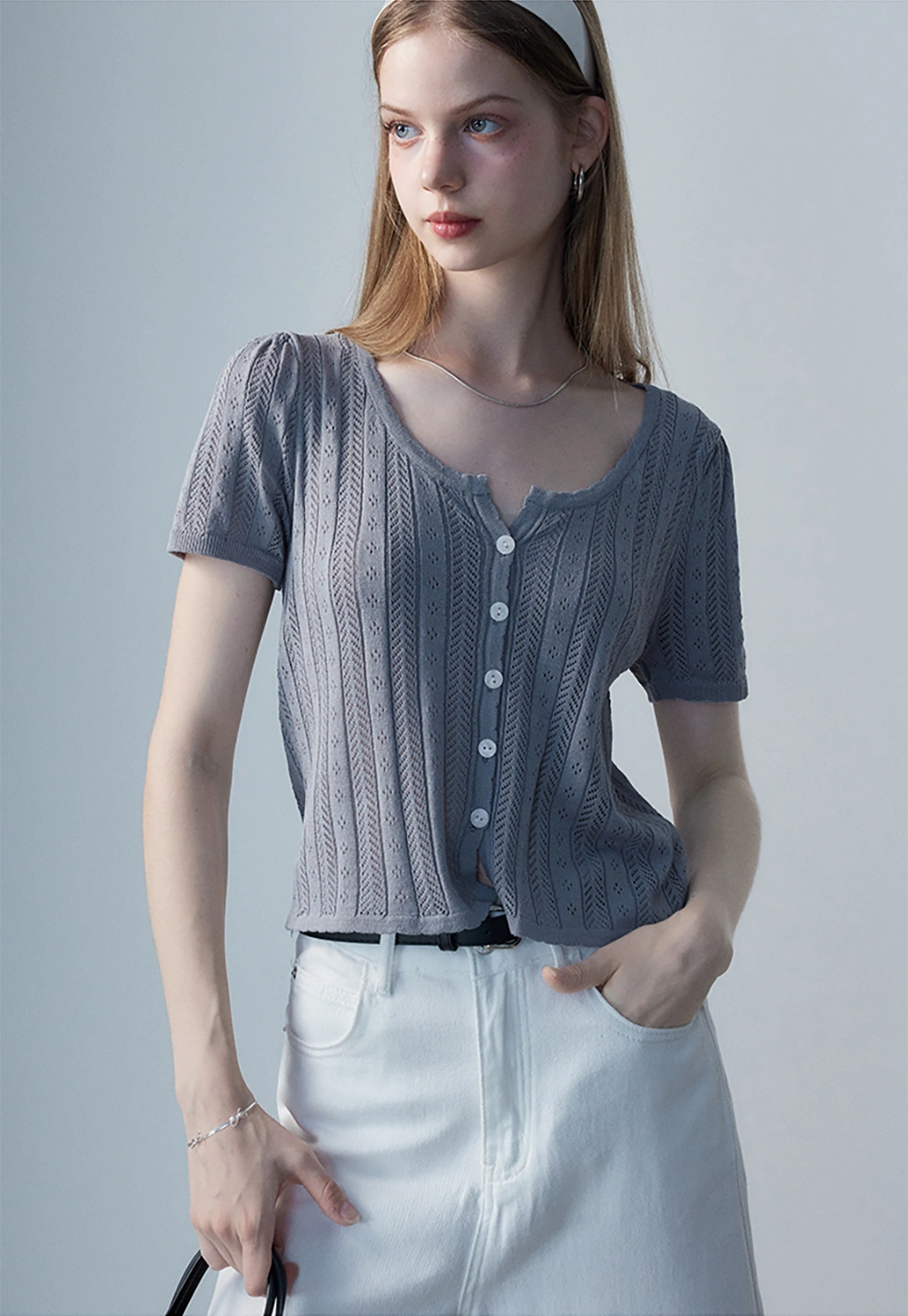 Women's Short-Sleeve Button-Up Knit Top