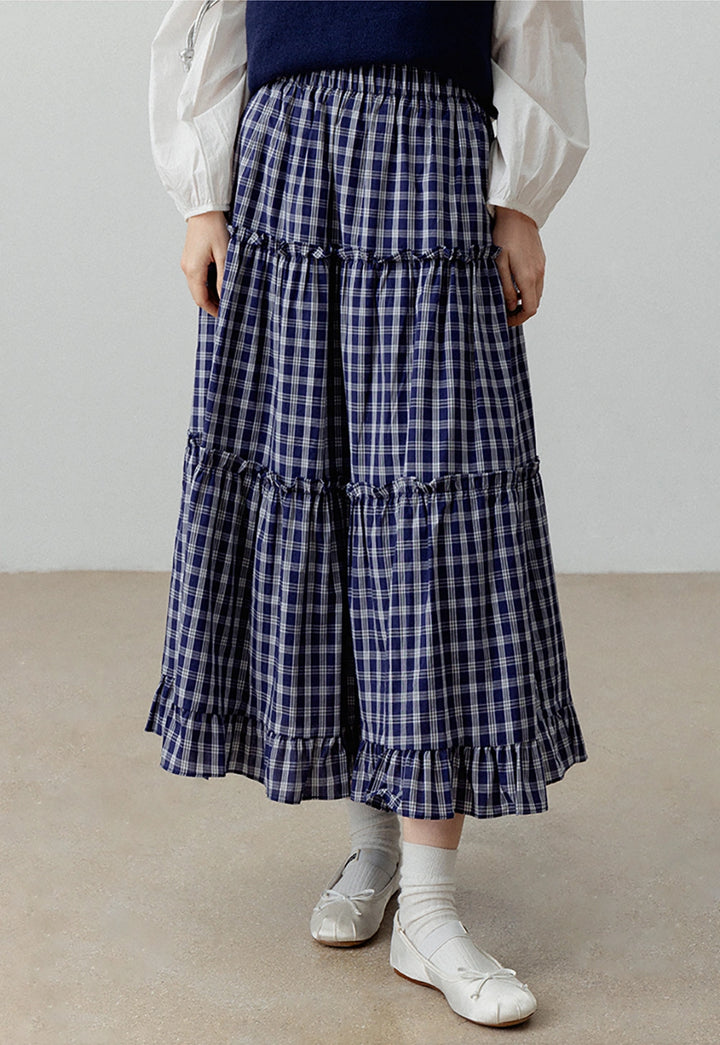 Tiered Plaid Midi Skirt with Ruffled Hem