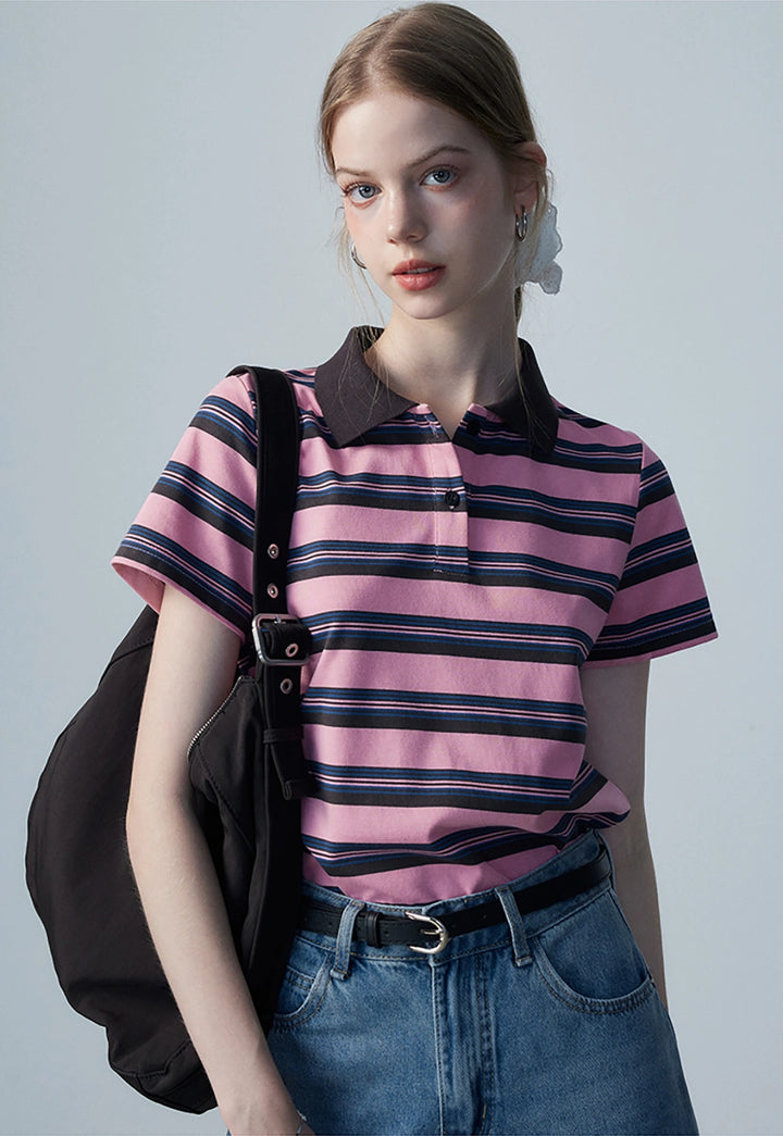 Women's Striped Polo Shirt with Contrast Collar