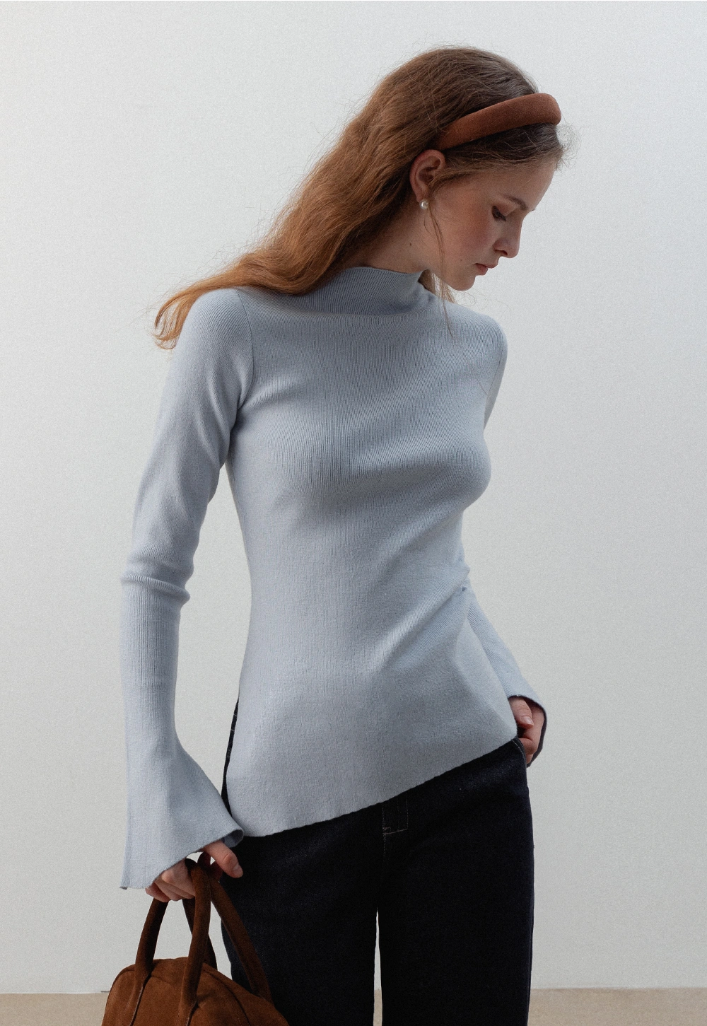 Women's High Neck Flared Sleeve Asymmetrical Hem Sweater