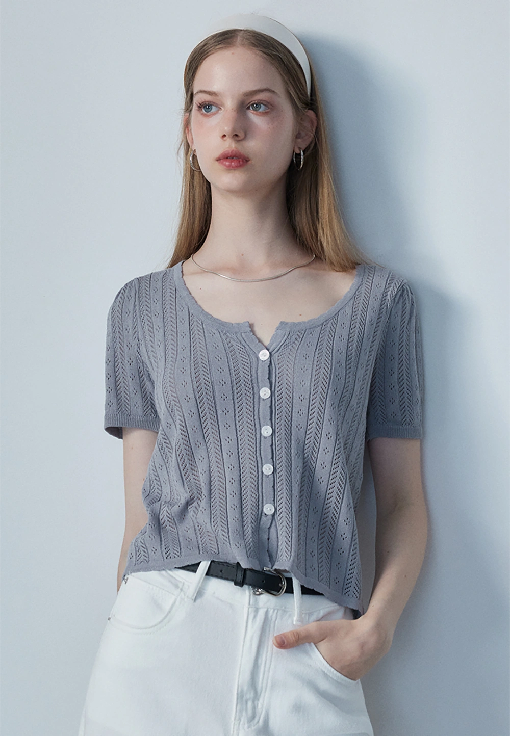 Women's Short-Sleeve Button-Up Knit Top