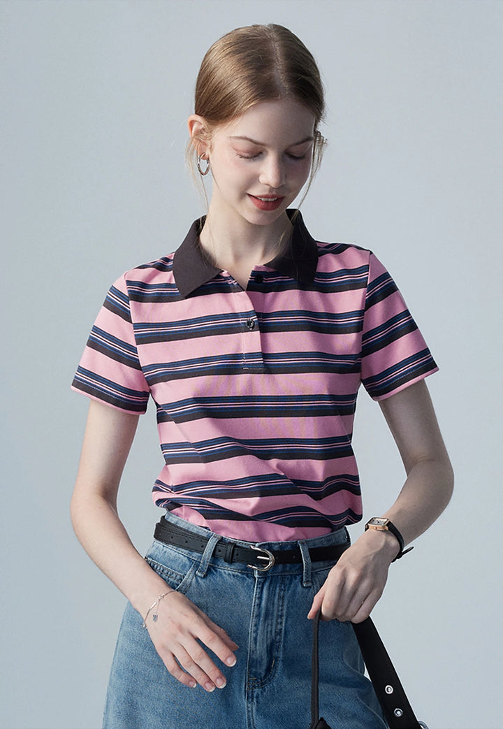 Women's Striped Polo Shirt with Contrast Collar