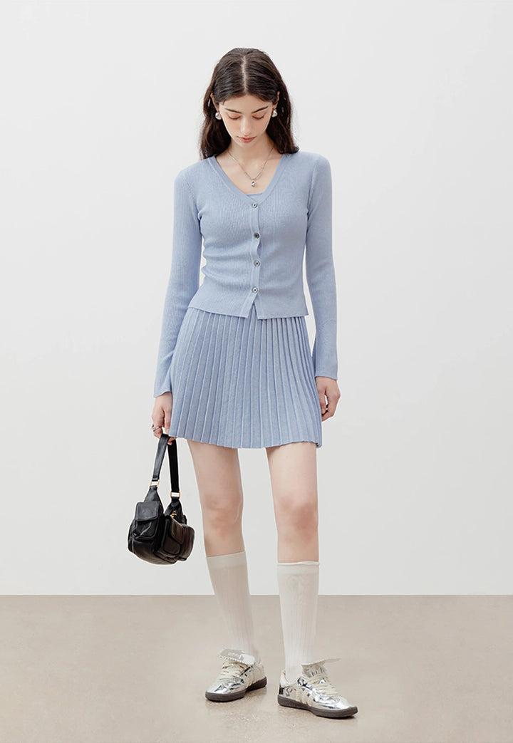 Knit 3-Piece Set: Crop Top, Cardigan, and Pleated Skirt