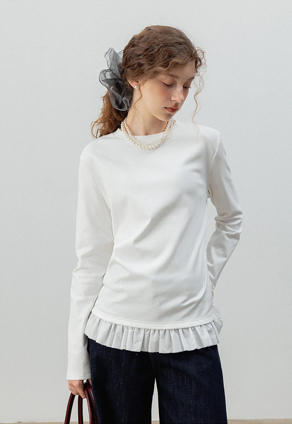 Fleece-Lined T-Shirt with Lace Trim Hem for Women