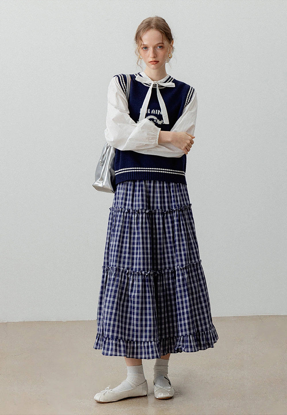 Tiered Plaid Midi Skirt with Ruffled Hem