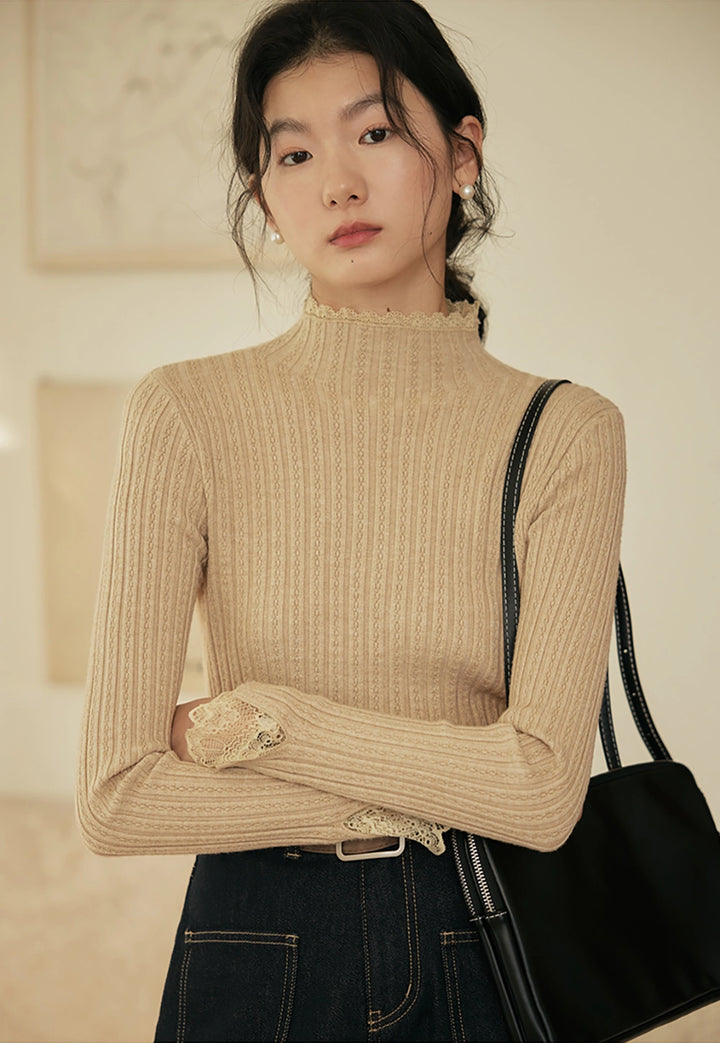 Ribbed Mock-Neck Sweater with Lace Cuff Detail