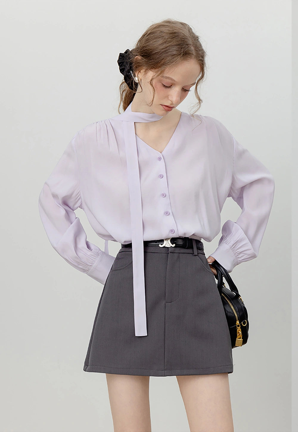 Women's Buttoned Blouse with Tie Detail