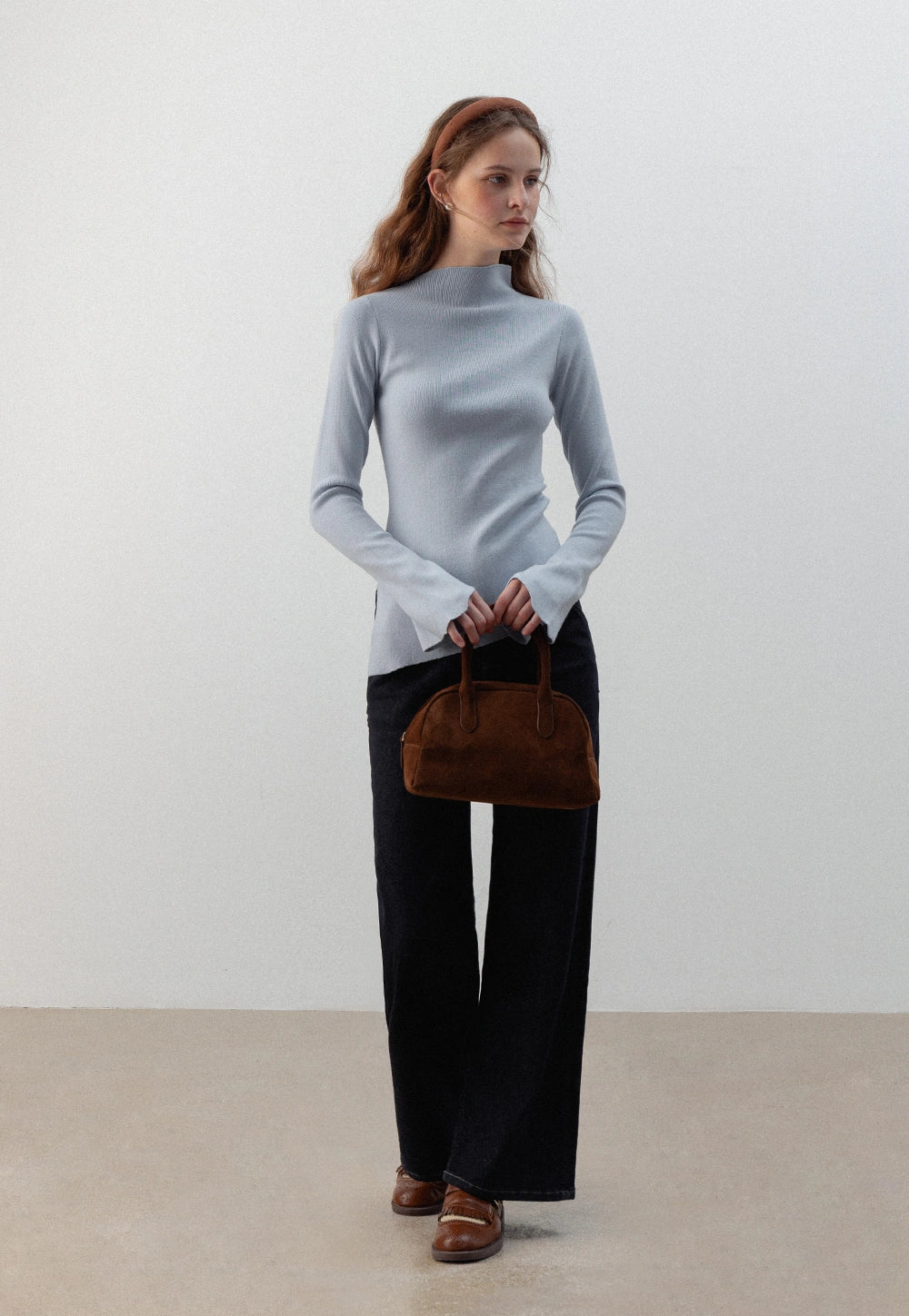 Asymmetrical High-Neck Sweater with Flared Sleeves