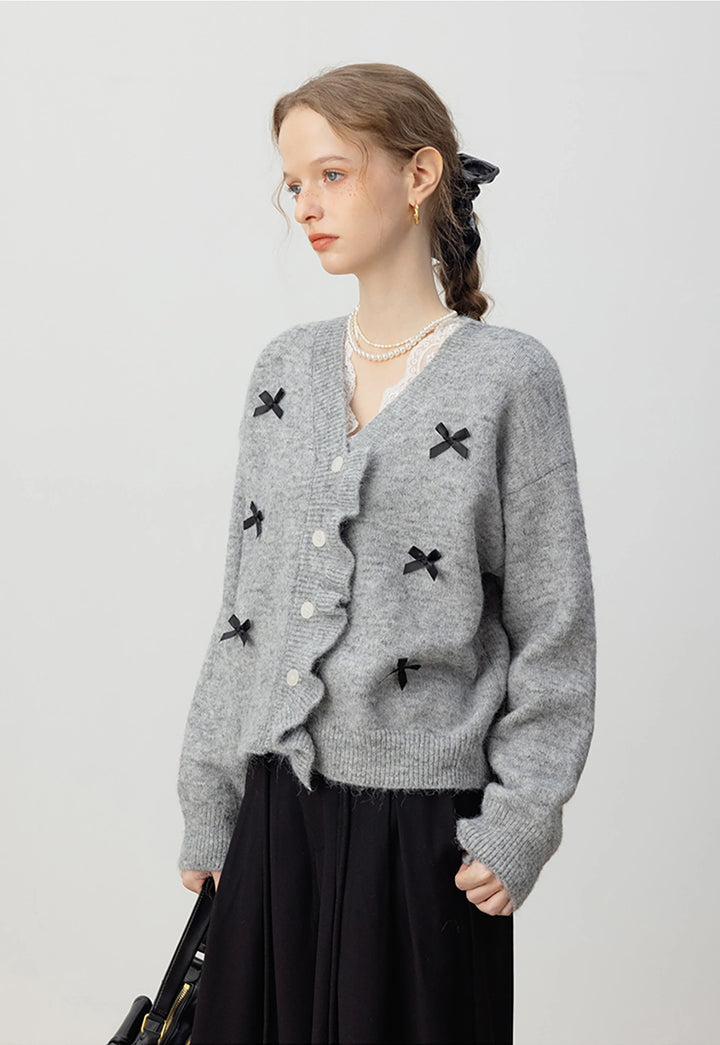 Women's Bow-Embellished Ruffled Knit Cardigan