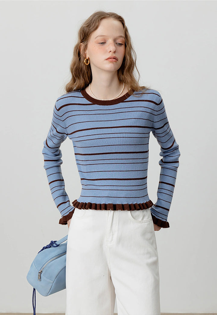 Ribbed Striped Sweater with Frill Details