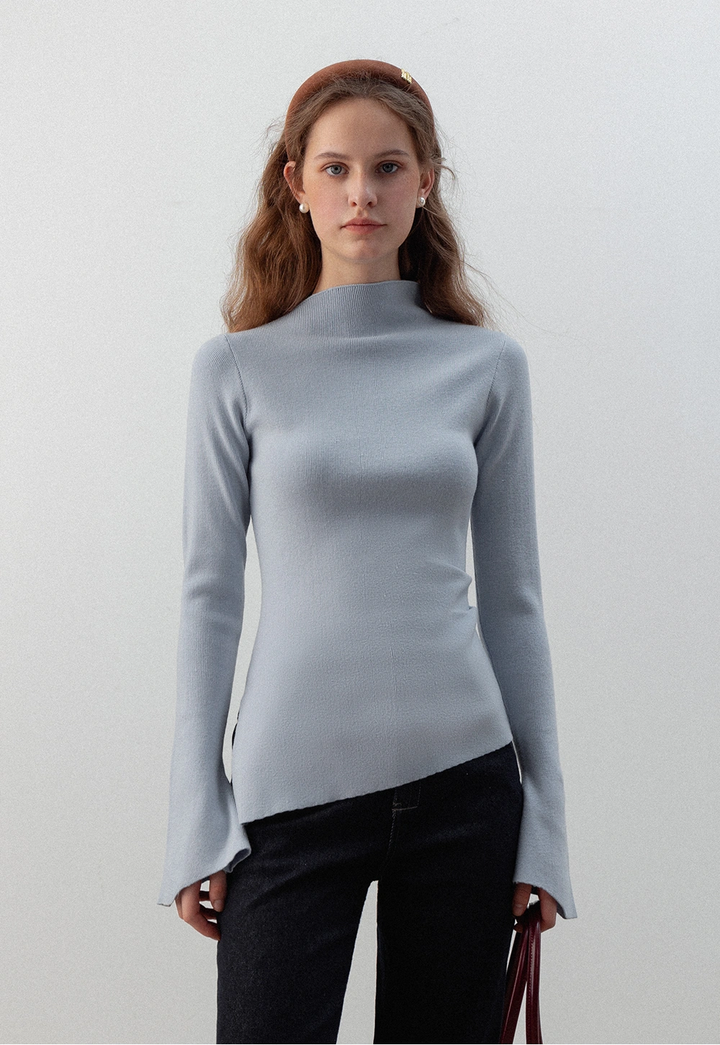 Asymmetrical High-Neck Sweater with Flared Sleeves