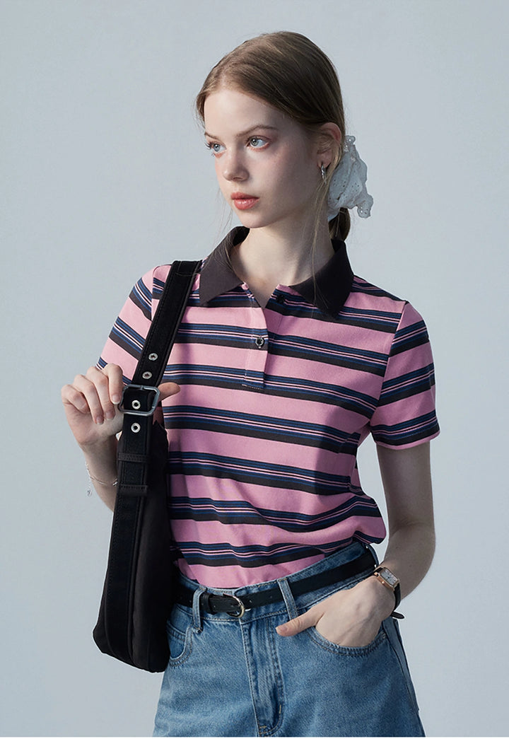 Women's Striped Polo Shirt with Contrast Collar