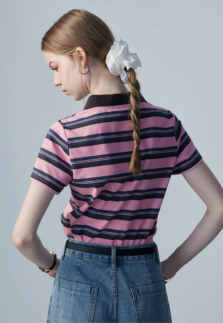 Women's Striped Polo Shirt with Contrast Collar