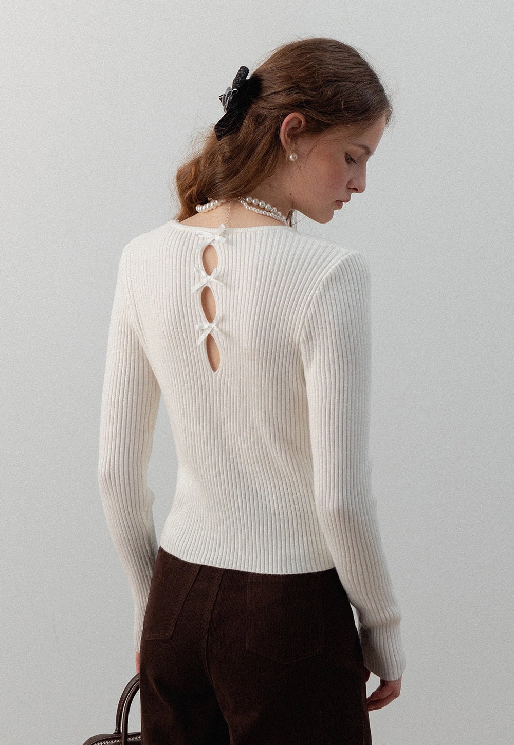 Women's Ribbed Long Sleeve Knit Top with Back Hollow