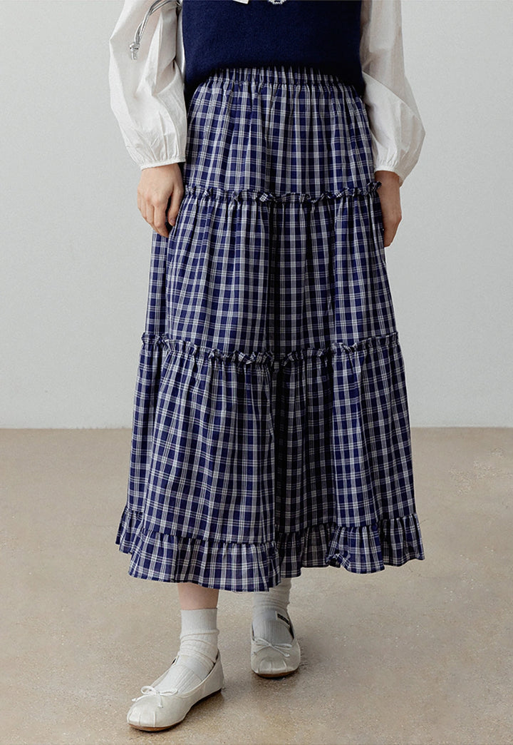 Tiered Plaid Midi Skirt with Ruffled Hem