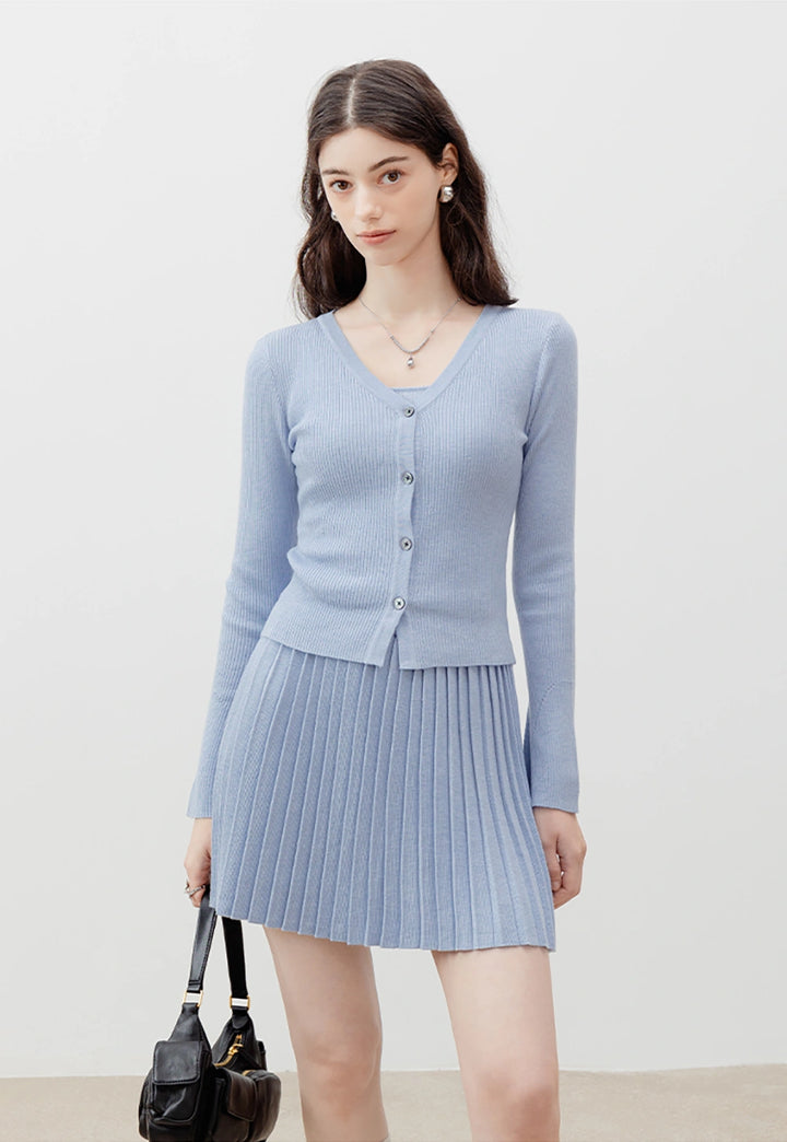 Knit 3-Piece Set: Crop Top, Cardigan, and Pleated Skirt