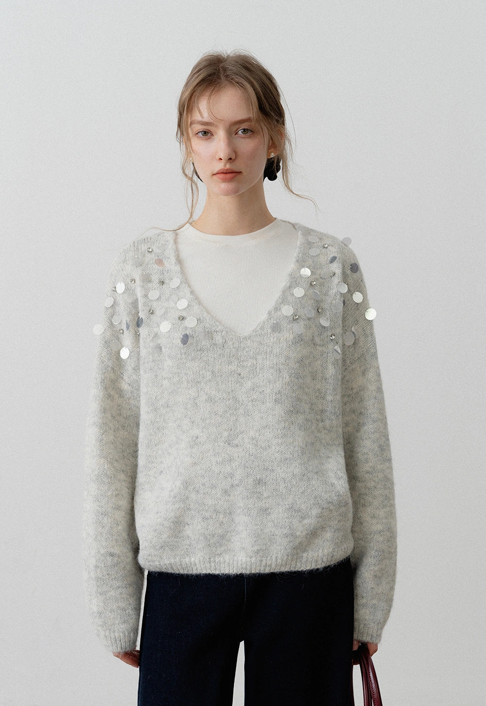 Women's V-Neck Sequin Embellished Knit Sweater