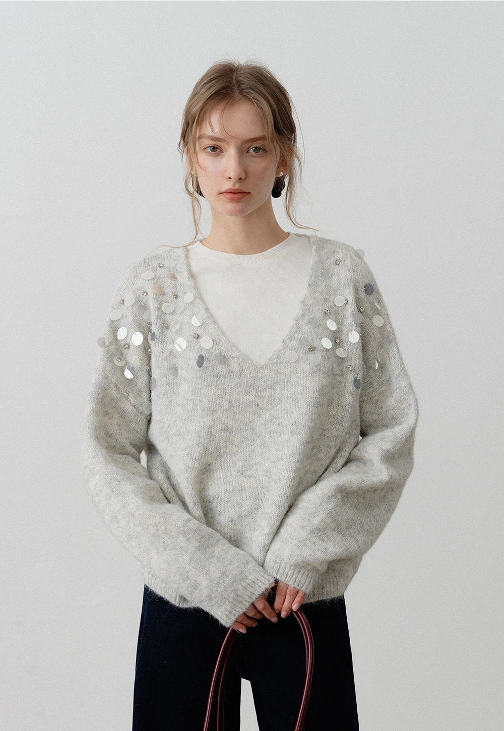 Women's V-Neck Sequin Embellished Knit Sweater