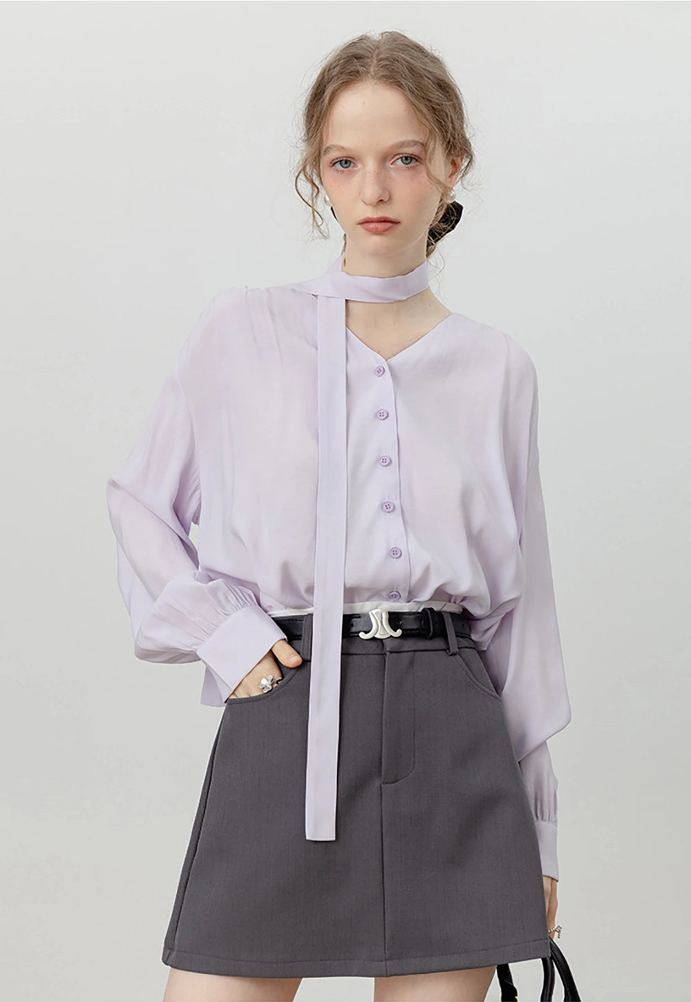 Women's Buttoned Blouse with Tie Detail