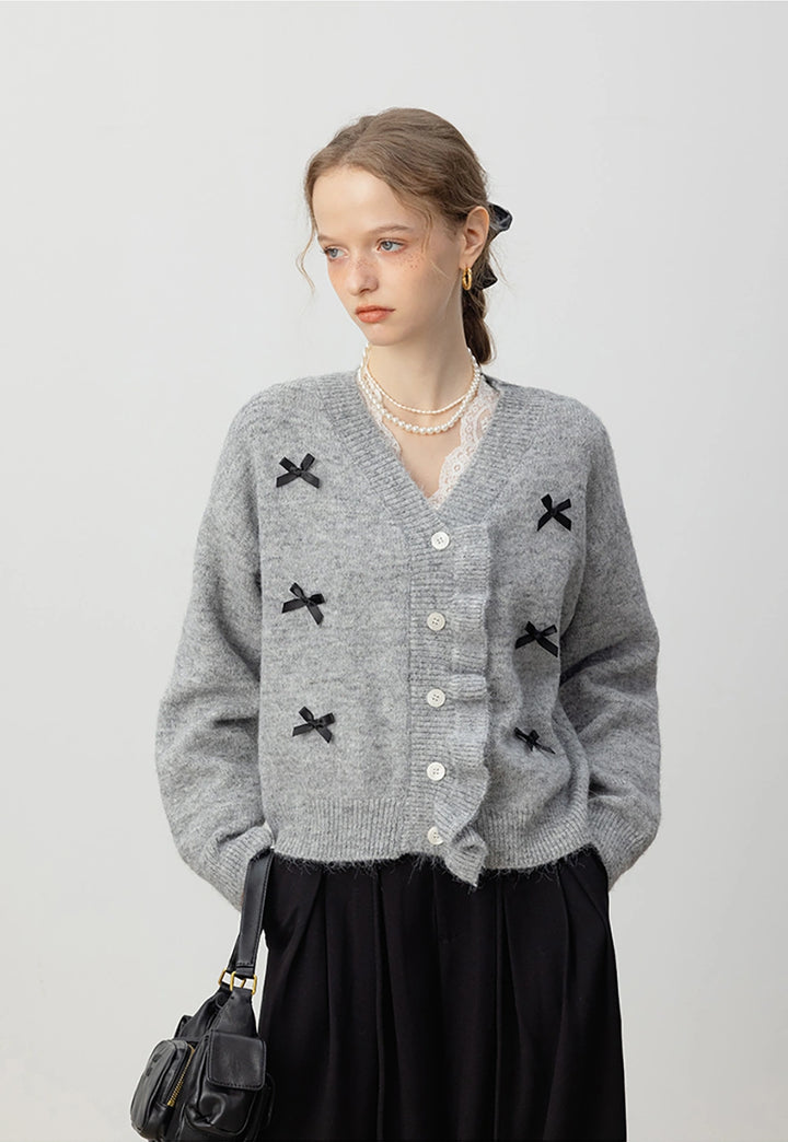 Women's Bow-Embellished Ruffled Knit Cardigan