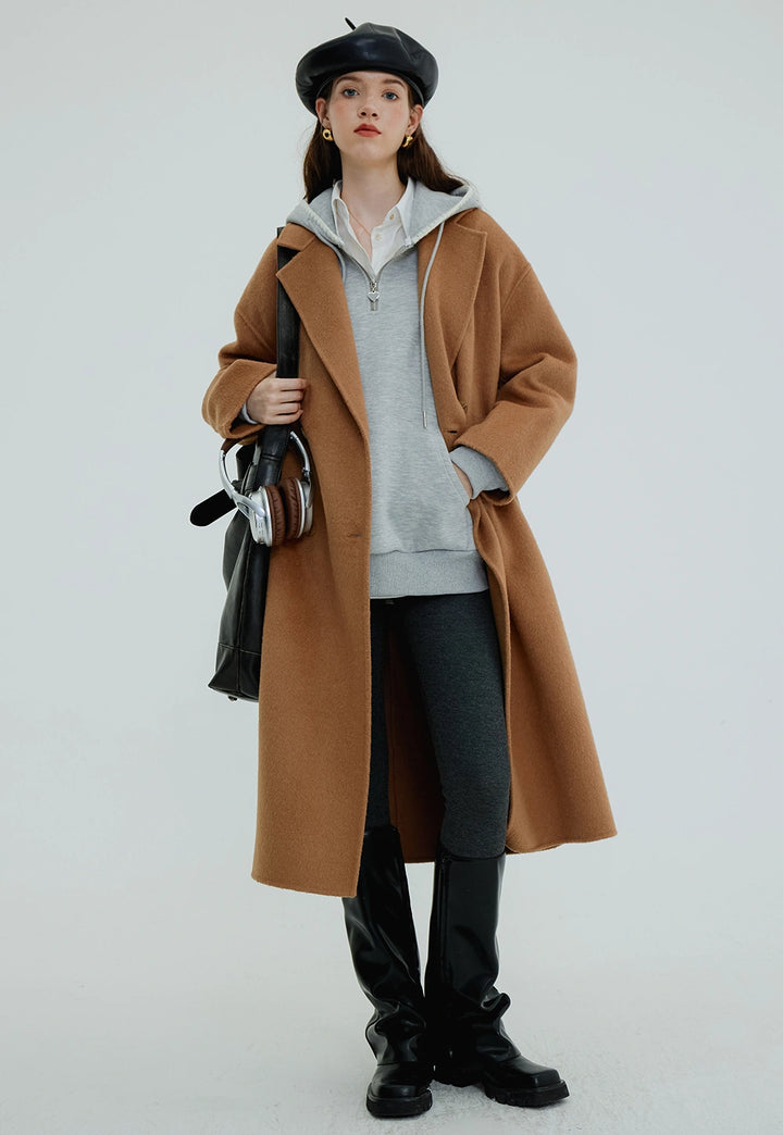 Women's Double-Breasted Wool Blend Overcoat with Notched Lapels