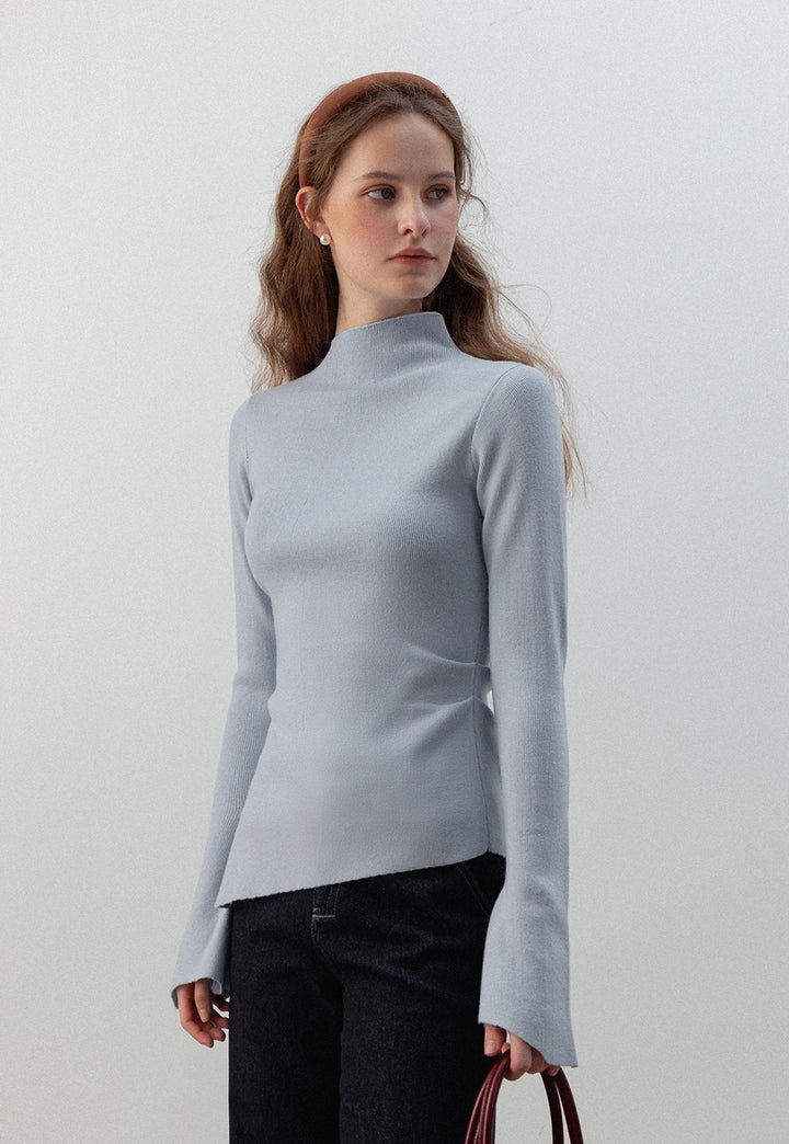 Asymmetrical High-Neck Sweater with Flared Sleeves