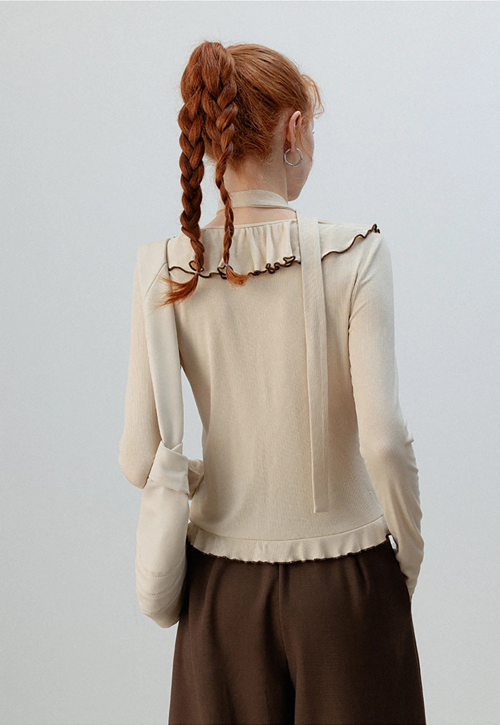 Ruffled Long Sleeve Tie Neck Tee