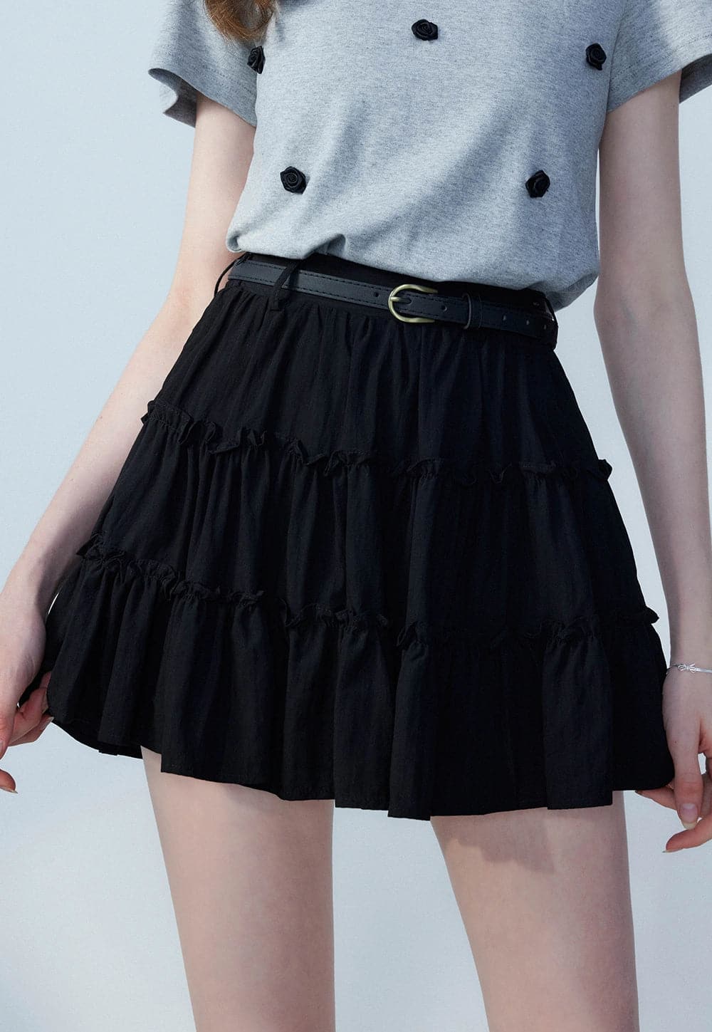 Elegant Bliss: Ruffled Layered Mini Skirt with Slim Belt