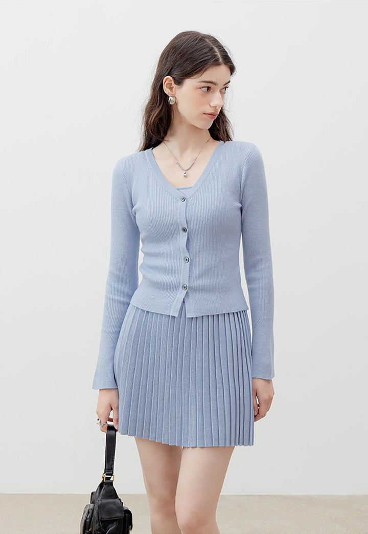 Knit 3-Piece Set: Crop Top, Cardigan, and Pleated Skirt